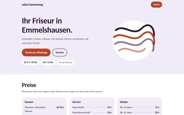 Vorschau des Beispiel-Designs für einen Friseursalon: helles Flieder, runde Schrift und Preisliste