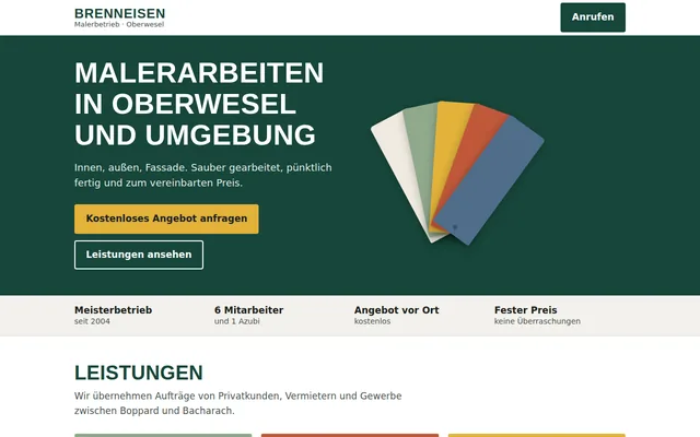 Vorschau des Beispiel-Designs für einen Malerbetrieb: dunkelgrüne Kopfzeile, große Überschrift und Farbmuster